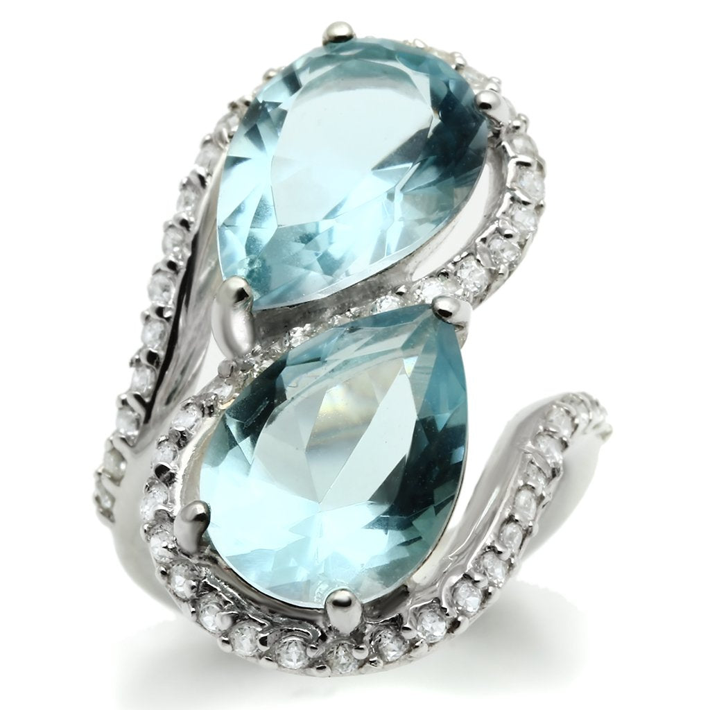 LOS548 - Silver 925 Sterling Silver Ring with Synthetic Synthetic Glass in Sea Blue