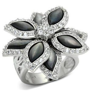 LOS555 - Rhodium 925 Sterling Silver Ring with Precious Stone Conch in Jet