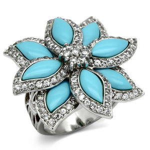 LOS557 - Rhodium 925 Sterling Silver Ring with Synthetic Turquoise in Sea Blue