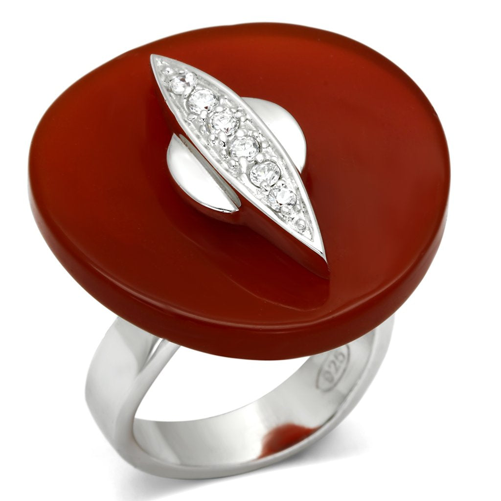 LOS565 - Rhodium 925 Sterling Silver Ring with Semi-Precious Agate in Garnet