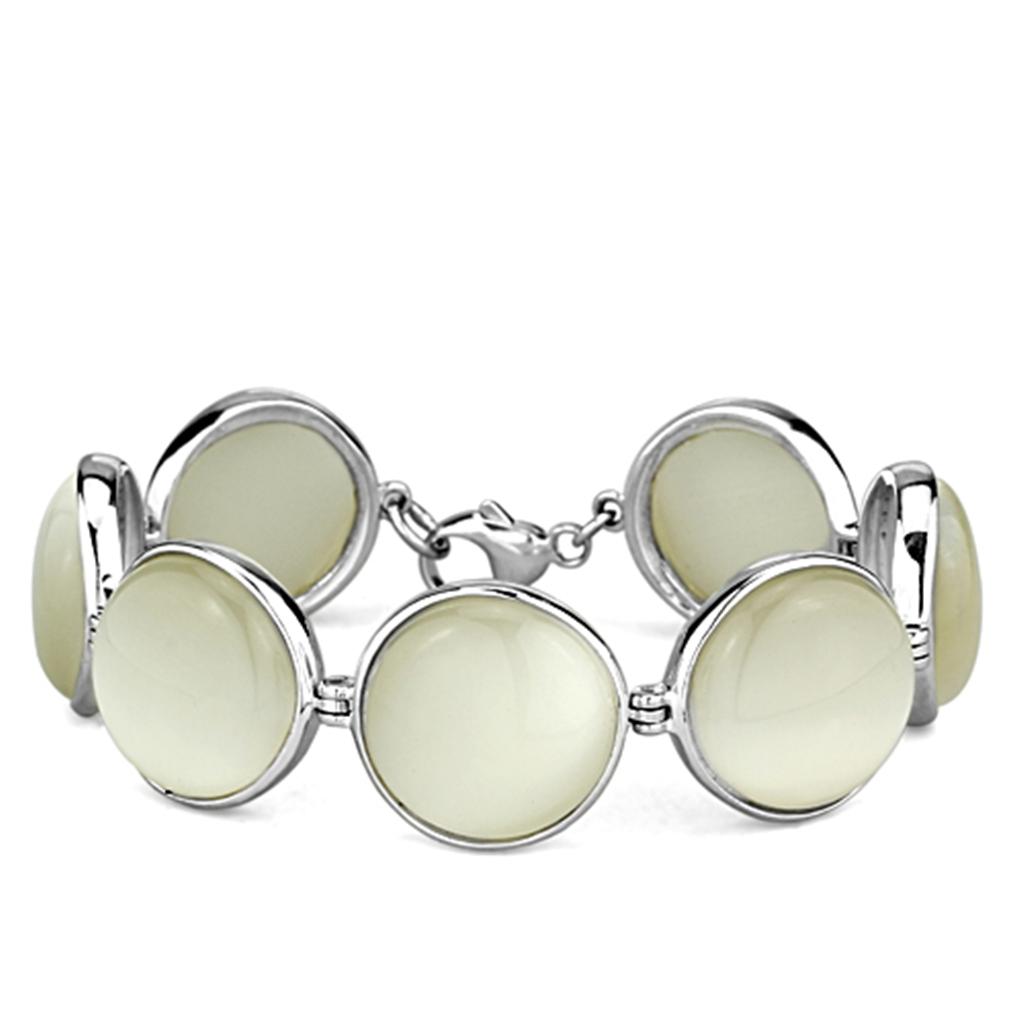 LOS762 - High-Polished 925 Sterling Silver Bracelet with Synthetic Cat Eye in White