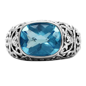 TK020 - High polished (no plating) Stainless Steel Ring with Synthetic Synthetic Glass in Sea Blue
