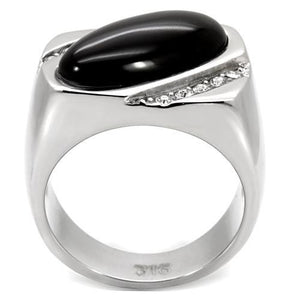 TK02214 - High polished (no plating) Stainless Steel Ring with Semi-Precious Agate in Jet