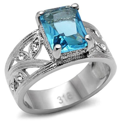 TK081 - High polished (no plating) Stainless Steel Ring with Synthetic Synthetic Glass in Sea Blue
