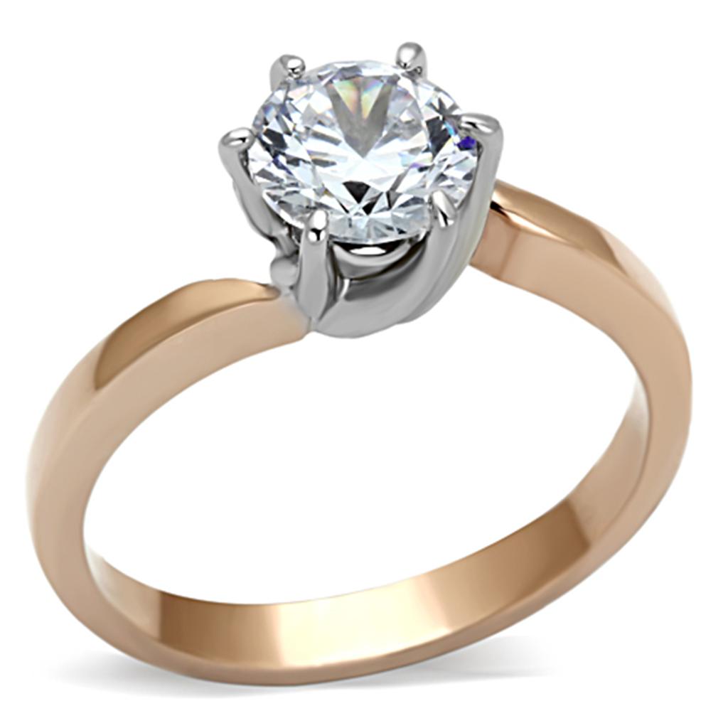 TK1161 - Two-Tone IP Rose Gold Stainless Steel Ring with AAA Grade CZ  in Clear