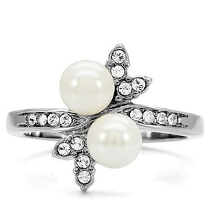 TK116 - High polished (no plating) Stainless Steel Ring with Synthetic Pearl in White