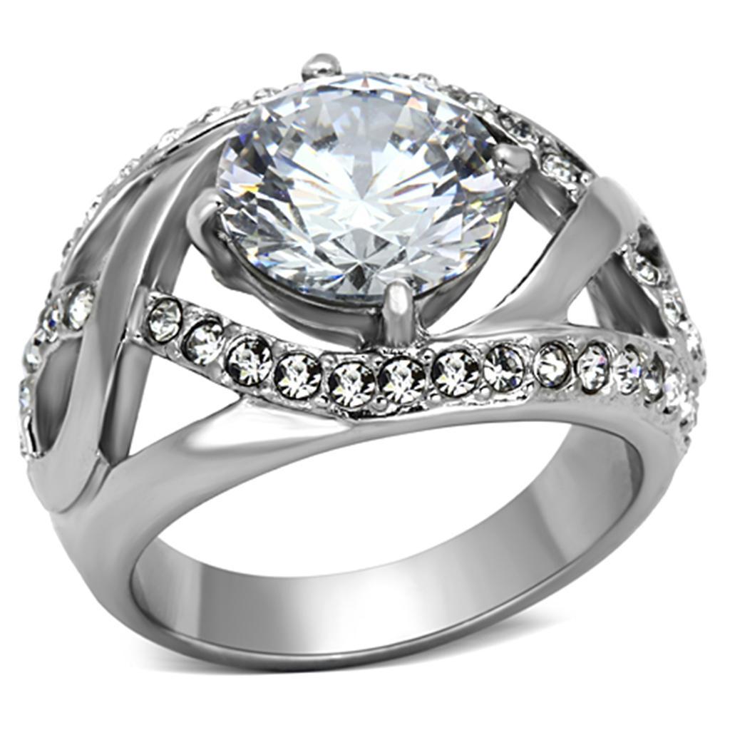 TK1176 - High polished (no plating) Stainless Steel Ring with AAA Grade CZ  in Clear