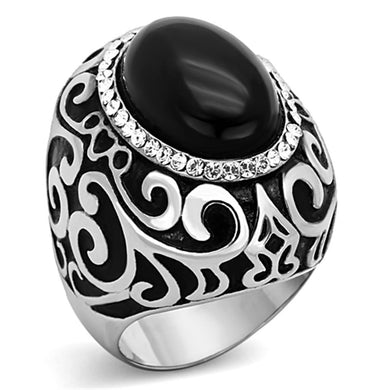 TK1211 - High polished (no plating) Stainless Steel Ring with Synthetic Cat Eye in Jet