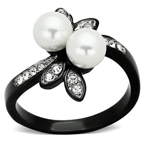 TK1361 - Two-Tone IP Black (Ion Plating) Stainless Steel Ring with Synthetic Pearl in White