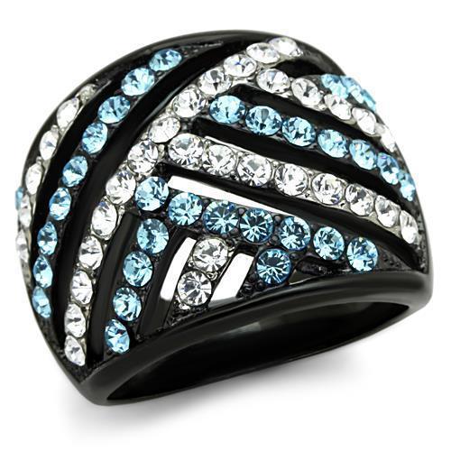 TK1663 - Two-Tone IP Black Stainless Steel Ring with Top Grade Crystal  in Sea Blue
