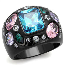 Load image into Gallery viewer, TK1790 - IP Black(Ion Plating) Stainless Steel Ring with AAA Grade CZ  in Sea Blue