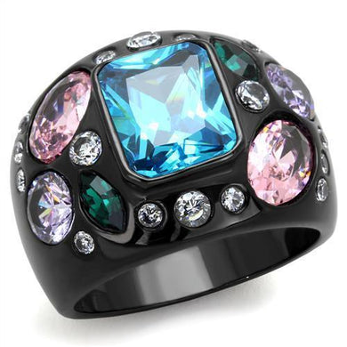 TK1790 - IP Black(Ion Plating) Stainless Steel Ring with AAA Grade CZ  in Sea Blue