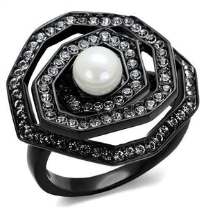 TK1861 - IP Black(Ion Plating) Stainless Steel Ring with Synthetic Pearl in White