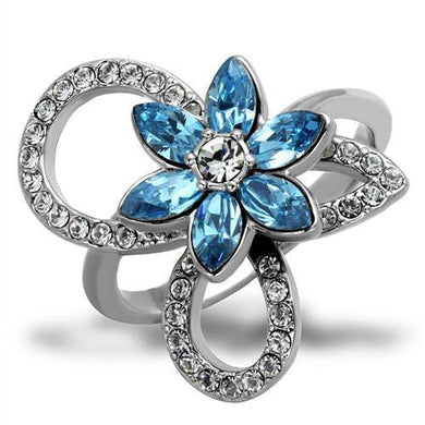 TK2123 - High polished (no plating) Stainless Steel Ring with Top Grade Crystal  in Sea Blue