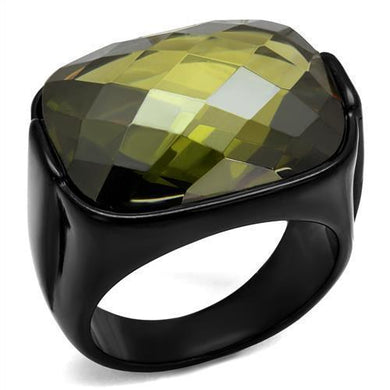 TK2639 - IP Black(Ion Plating) Stainless Steel Ring with AAA Grade CZ  in Olivine color