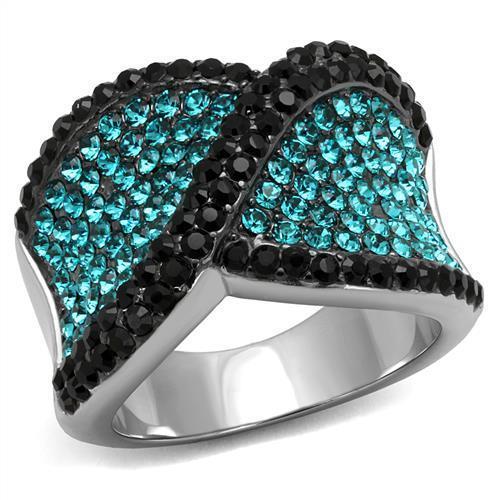 TK2764 - Two-Tone IP Black Stainless Steel Ring with Top Grade Crystal  in Blue Zircon