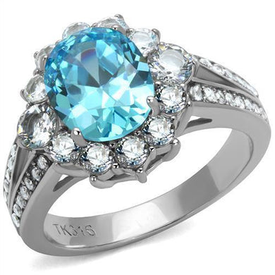 TK2977 - High polished (no plating) Stainless Steel Ring with AAA Grade CZ  in Sea Blue