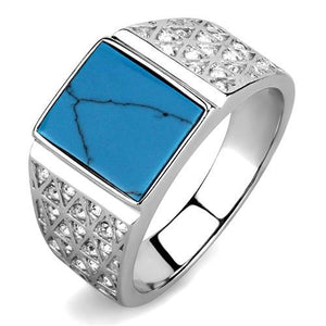 TK3004 - High polished (no plating) Stainless Steel Ring with Synthetic Turquoise in Sea Blue