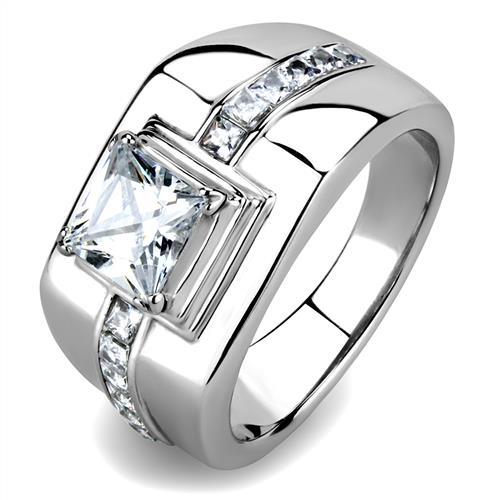 TK3011 - High polished (no plating) Stainless Steel Ring with AAA Grade CZ  in Clear
