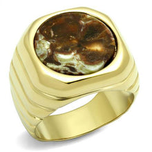 Load image into Gallery viewer, TK3017 - IP Gold(Ion Plating) Stainless Steel Ring with Semi-Precious Oligoclase in Smoked Quartz