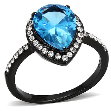 TK3057 - IP Black(Ion Plating) Stainless Steel Ring with Synthetic Synthetic Glass in Sea Blue