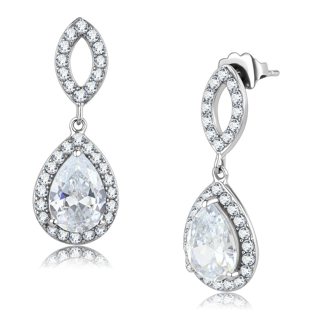 TK3474 - High polished (no plating) Stainless Steel Earrings with AAA Grade CZ  in Clear