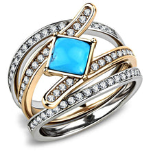 Load image into Gallery viewer, TK3519 - Two-Tone IP Rose Gold Stainless Steel Ring with Synthetic Turquoise in Sea Blue