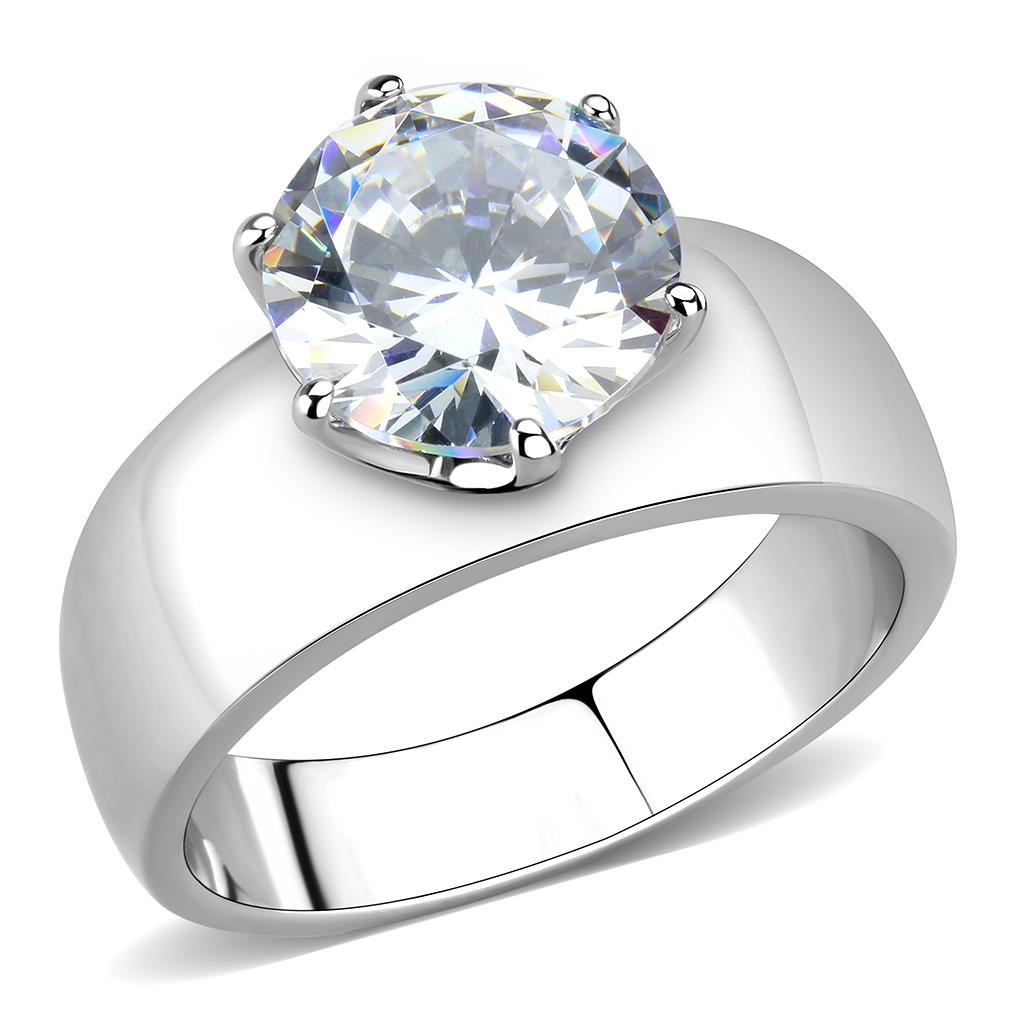 TK52004 - High polished (no plating) Stainless Steel Ring with AAA Grade CZ  in Clear