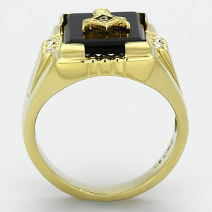 TK795 - IP Gold(Ion Plating) Stainless Steel Ring with Semi-Precious Agate in Jet