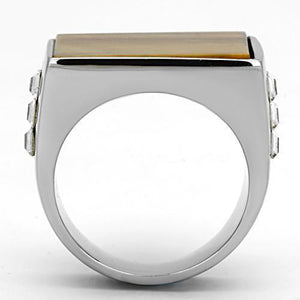 TK925 - High polished (no plating) Stainless Steel Ring with Synthetic Tiger Eye in Topaz
