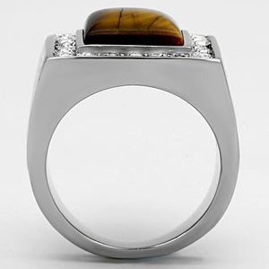 TK938 - High polished (no plating) Stainless Steel Ring with Synthetic Tiger Eye in Topaz