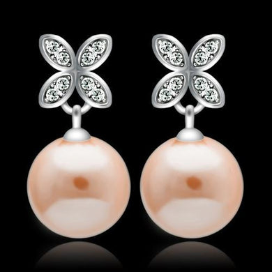 TS040 - Rhodium 925 Sterling Silver Earrings with Synthetic Pearl in Light Rose