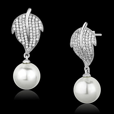 TS166 - Rhodium 925 Sterling Silver Earrings with Synthetic Pearl in White