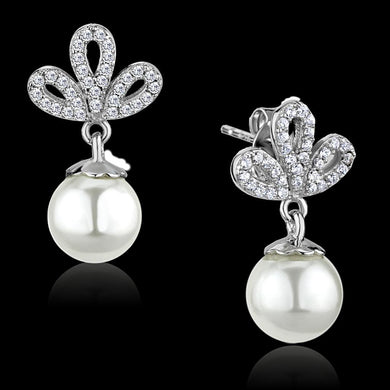 TS299 - Rhodium 925 Sterling Silver Earrings with Synthetic Pearl in White