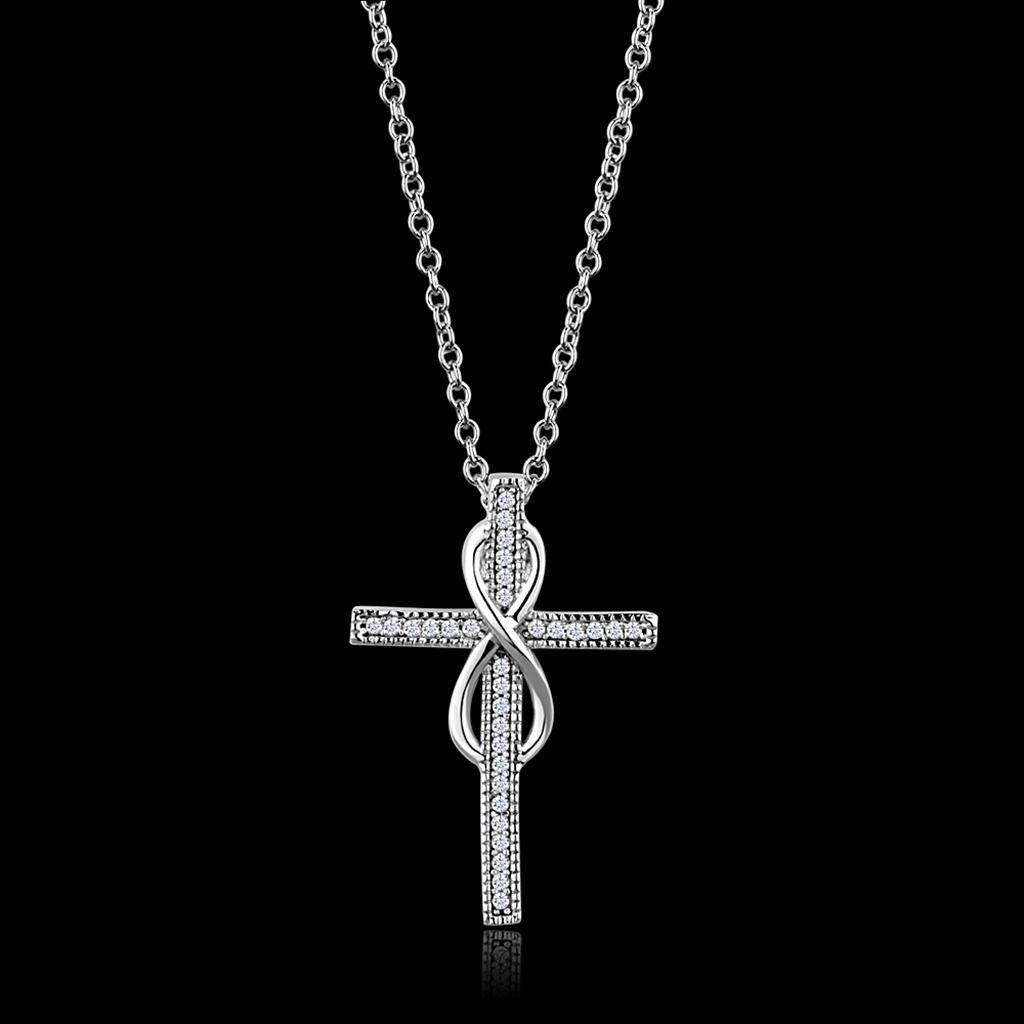 TS301 - Rhodium 925 Sterling Silver Chain Pendant with AAA Grade CZ  in Clear