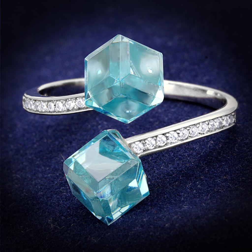 TS317 - Rhodium 925 Sterling Silver Ring with AAA Grade CZ  in Sea Blue